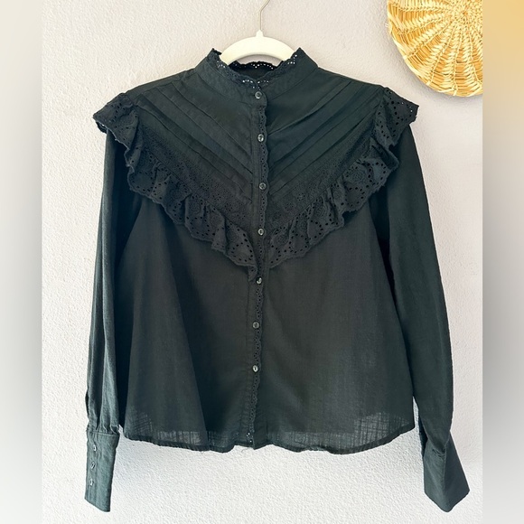 Ultra Pink Tops - Ultra Pink Black Cotton Cottagecore Victorian Lagenlook Blouse Size Small